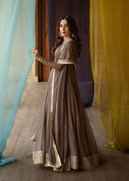 Pakistani Designer Peach Embroidered Chiffon Kurta Online in UK USA Canada