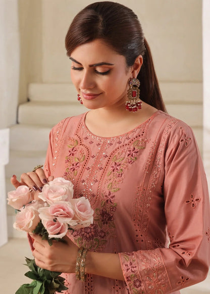 Pakistani Designer Peach Embroidered Cotton Salwar Kameez Online in UK USA Canada
