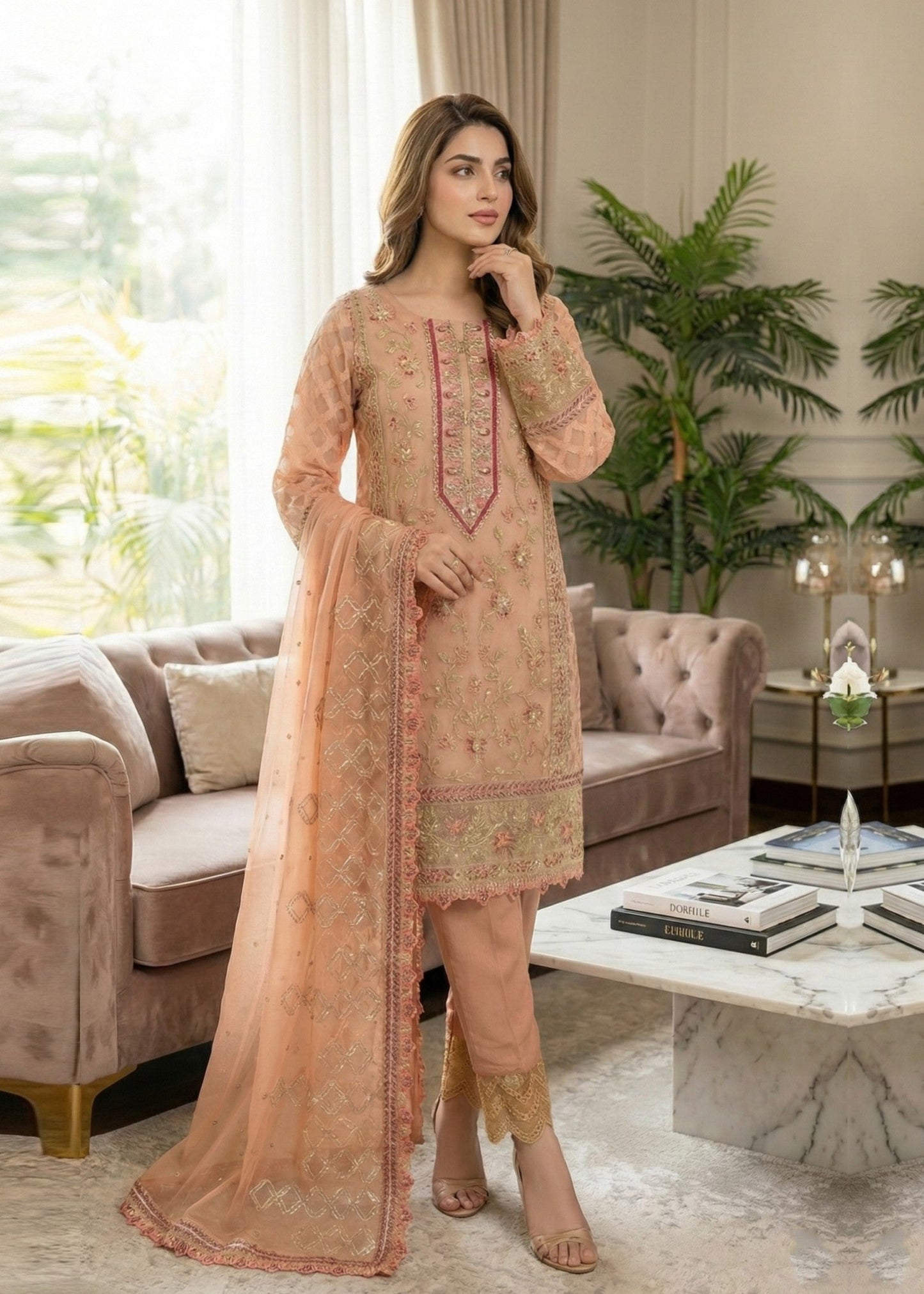 Pakistani Designer Peach Embroidered Salwar Kameez Online in KSA Riyadh Saudi Arabia Oman Bahrain Qatar