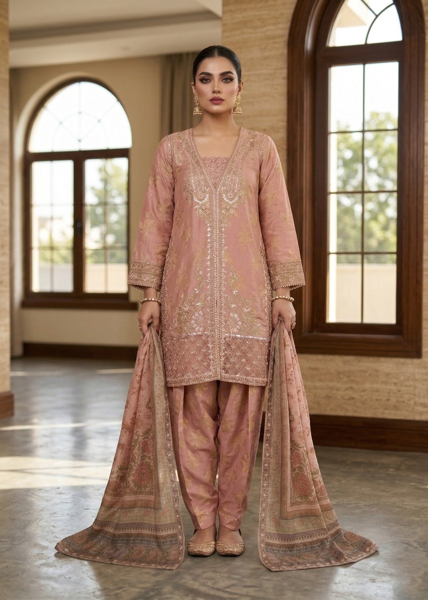 Pakistani Designer Peach Jacquard Salwar Kameez Online in KSA Riyadh Saudi Arabia Oman Bahrain Qatar