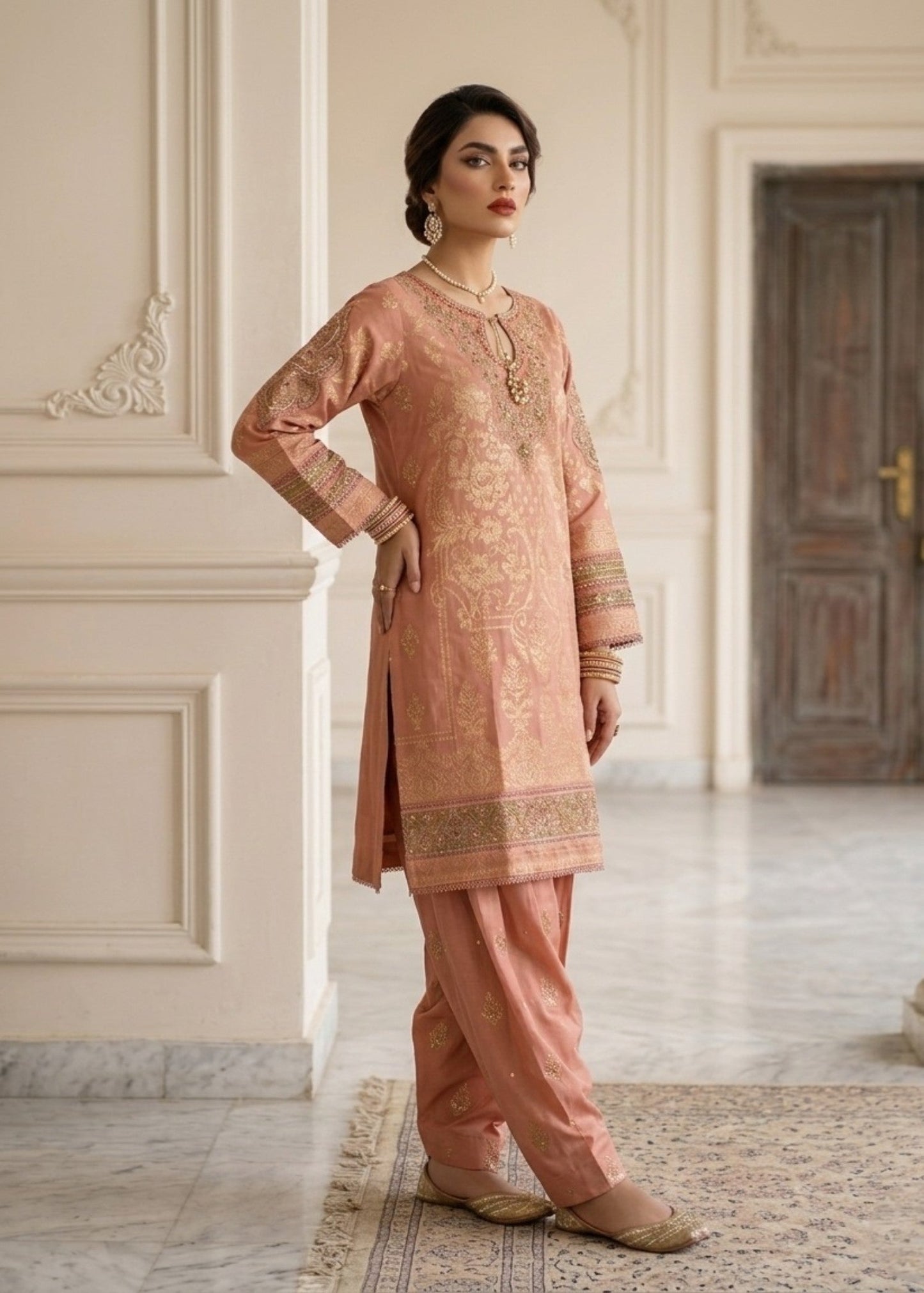 Pakistani Designer Peach Jacquard Suit Online in Sri Lanka India Australia