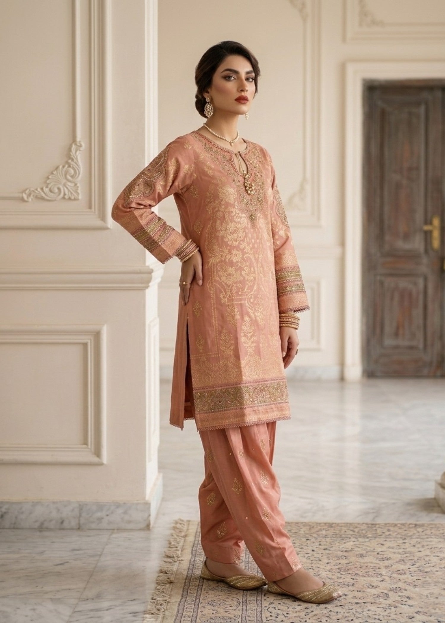 Pakistani Designer Peach Jacquard Suit Online in Sri Lanka India Australia