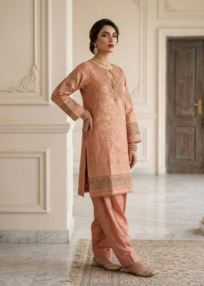 Pakistani Designer Peach Jacquard Suit Online in Sri Lanka India Australia
