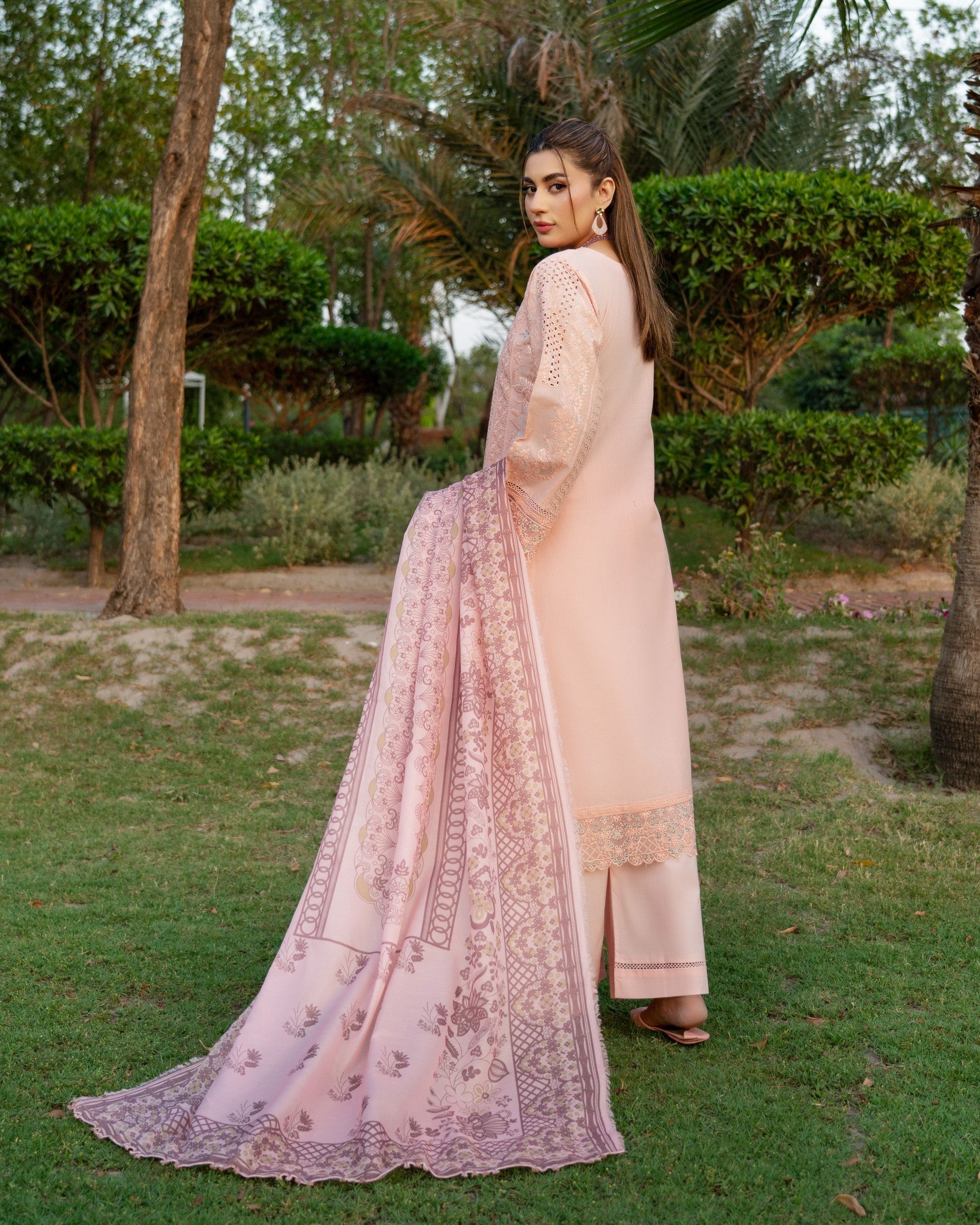 Pakistani Designer Peach Lawn Embroidered Shalwar Kameez Online in KSA Riyadh Saudi Arabia Oman Bahrain Qatar