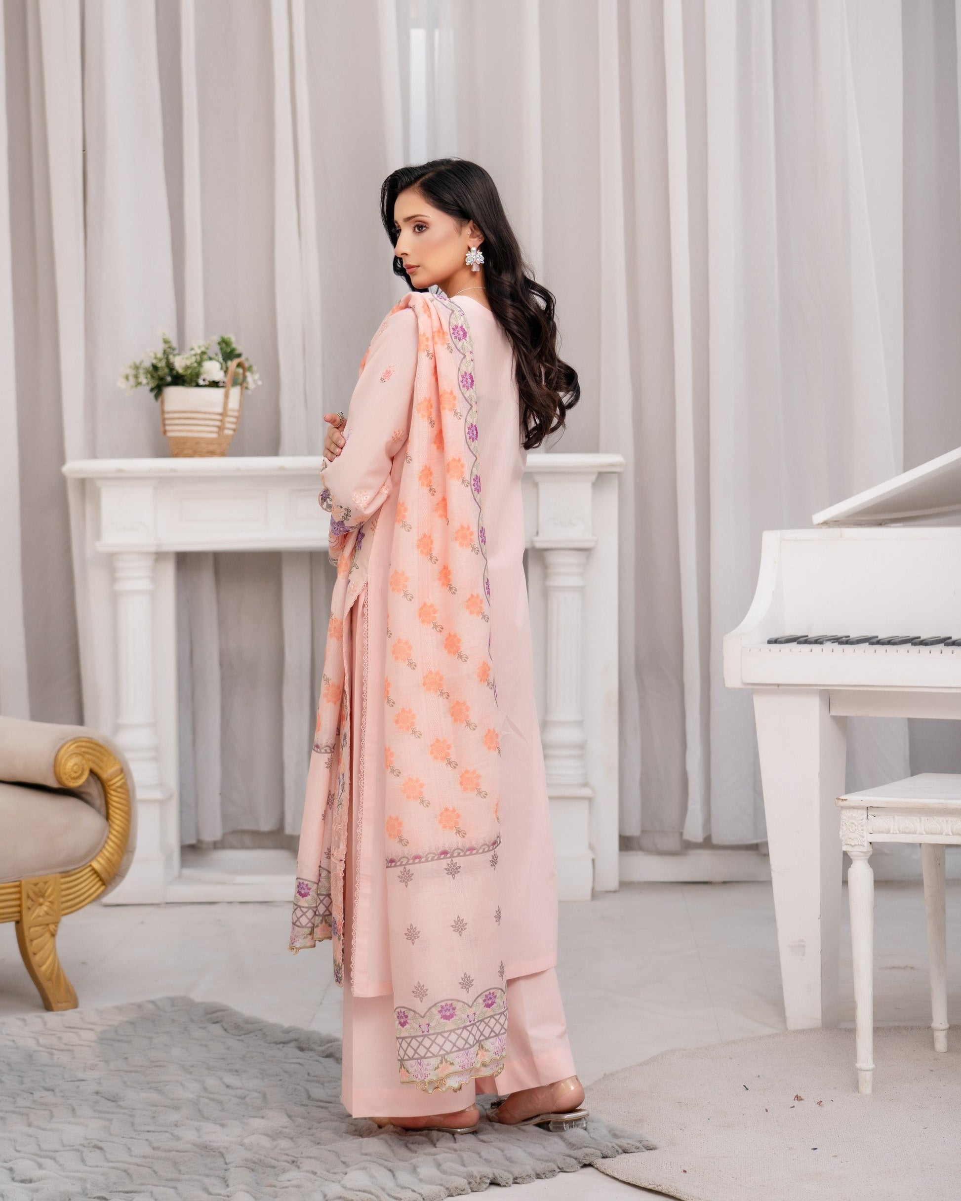 Pakistani Designer Peach Lawn Embroidered Suit Online in KSA Riyadh Saudi Arabia Oman Bahrain Qatar