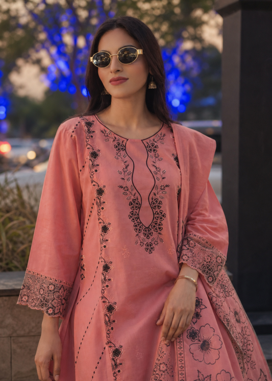 Pakistani Designer Peach Lawn Salwar Kameez Online in KSA Riyadh Saudi Arabia Oman Bahrain Qatar