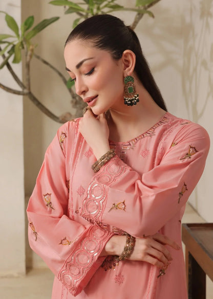 Pakistani Designer Peach Lawn Salwar Kameez Online in KSA Riyadh Saudi Arabia Oman Bahrain Qatar