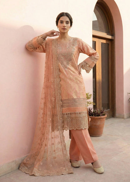 Pakistani Designer Peach Lawn Salwar Kameez Online in KSA Riyadh Saudi Arabia Oman Bahrain Qatar