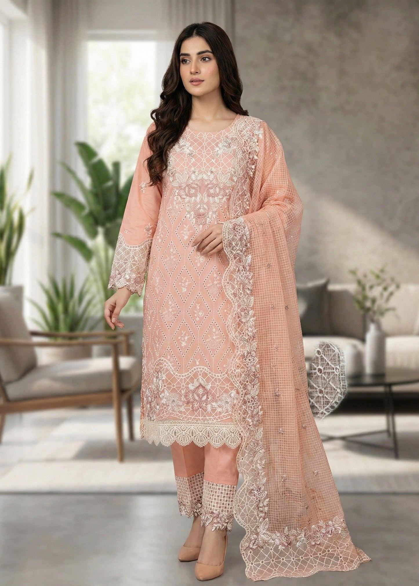 Pakistani Designer Peach Lawn Salwar Kameez Online in KSA Riyadh Saudi Arabia Oman Bahrain Qatar