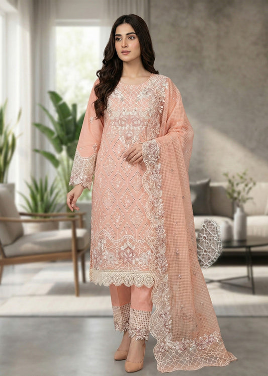 Pakistani Designer Peach Lawn Salwar Kameez Online in KSA Riyadh Saudi Arabia Oman Bahrain Qatar