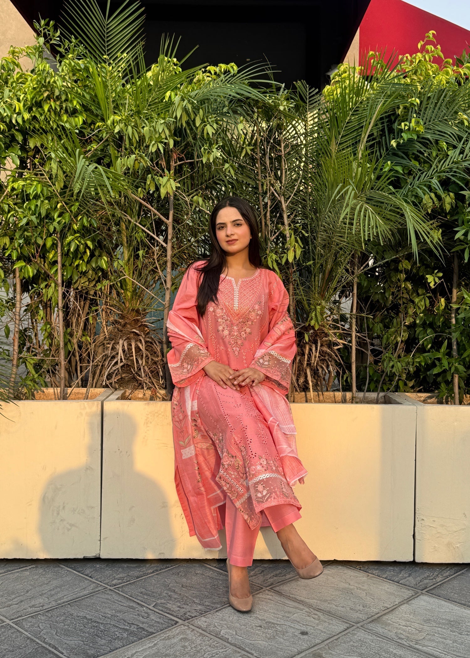 Pakistani Designer Peach Lawn Salwar Kameez Online in KSA Riyadh Saudi Arabia Oman Bahrain Qatar