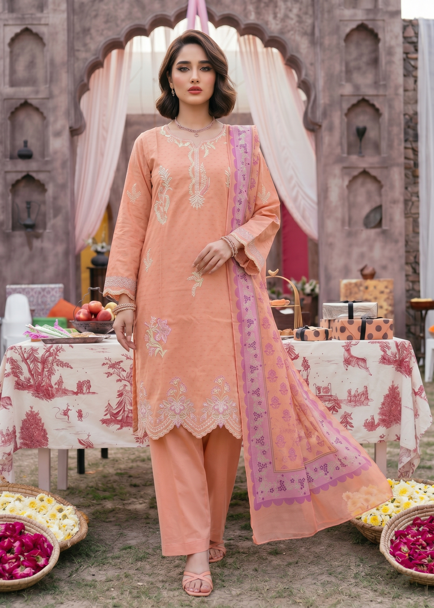 Pakistani Designer Peach Lawn Shalwar Kameez Online in KSA Riyadh Saudi Arabia Oman Bahrain Qatar