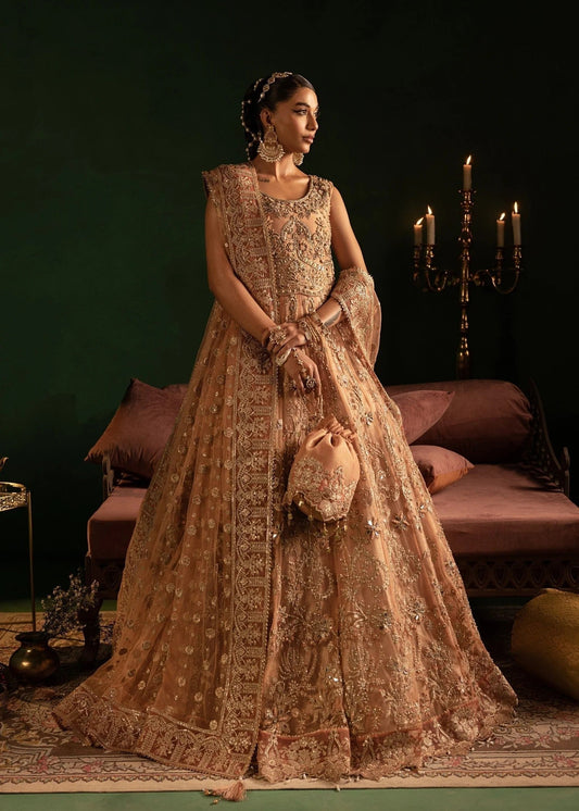 Pakistani Designer Peach Net Salwar Kameez Online in KSA Riyadh Saudi Arabia Oman Bahrain Qatar