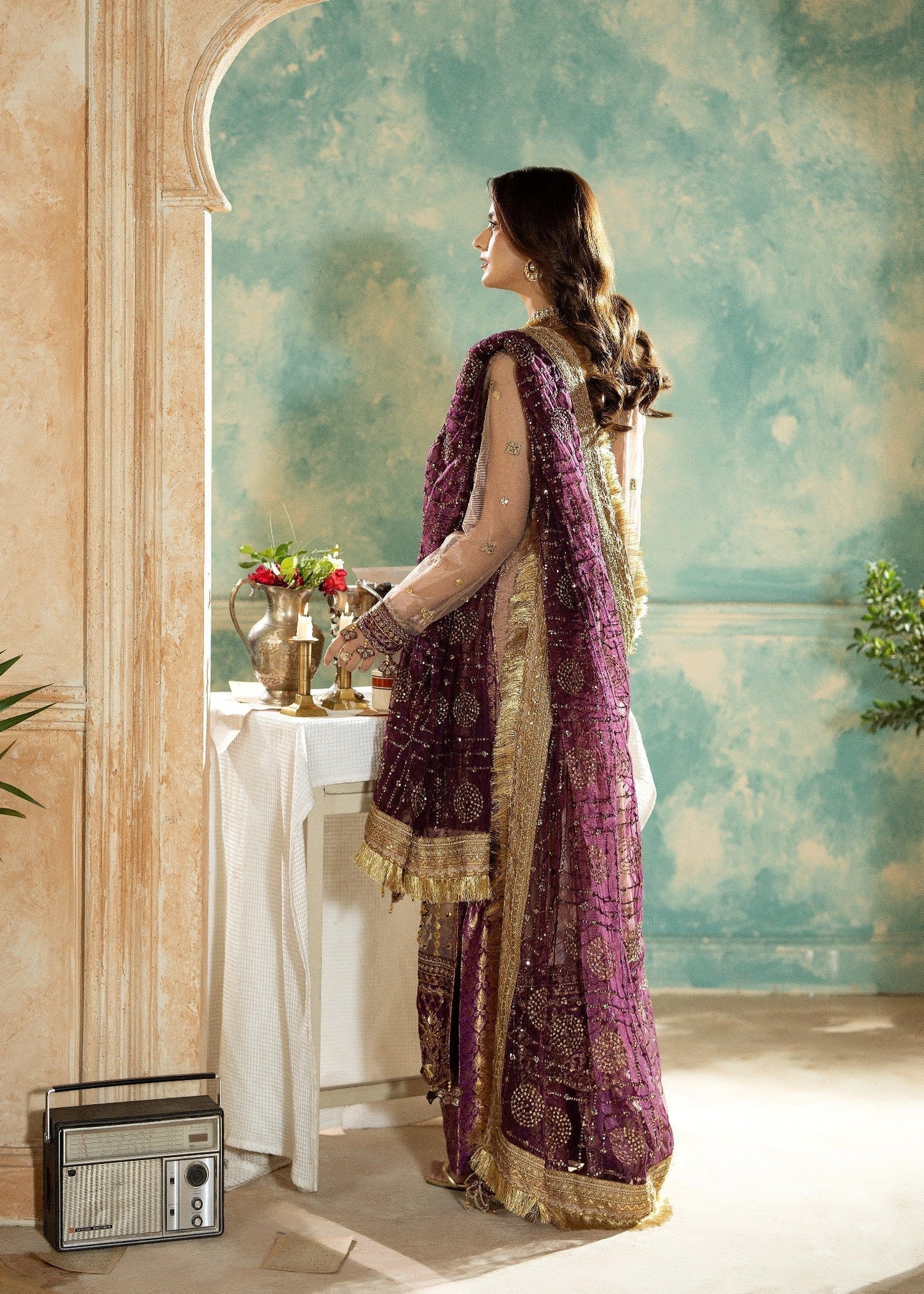Pakistani Designer Peach Net Salwar Kameez Online in KSA Riyadh Saudi Arabia Oman Bahrain Qatar