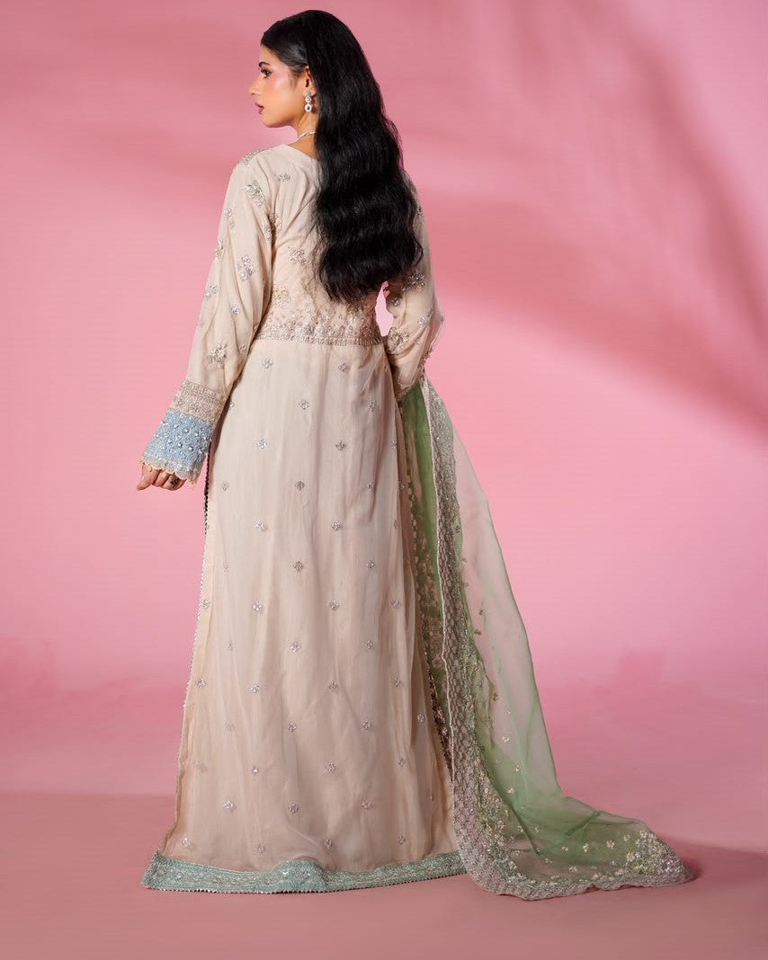 Pakistani Designer Peach Net Salwar Suit Online in KSA Riyadh Saudi Arabia Oman Bahrain Qatar