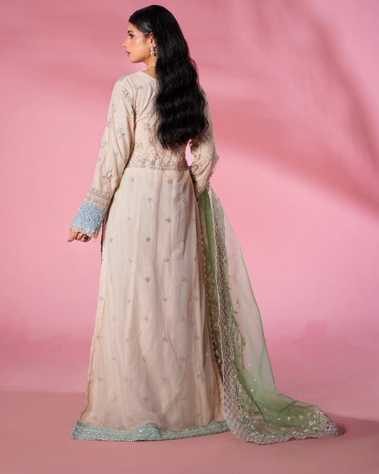 Pakistani Designer Peach Net Salwar Suit Online in KSA Riyadh Saudi Arabia Oman Bahrain Qatar