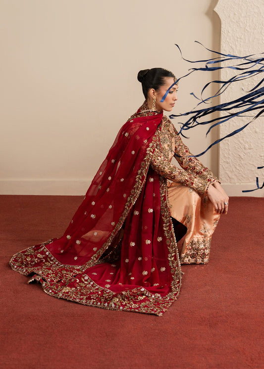 Pakistani Designer Peach Orange Embroidered Salwar Suit Online in KSA Riyadh Saudi Arabia Oman Bahrain Qatar