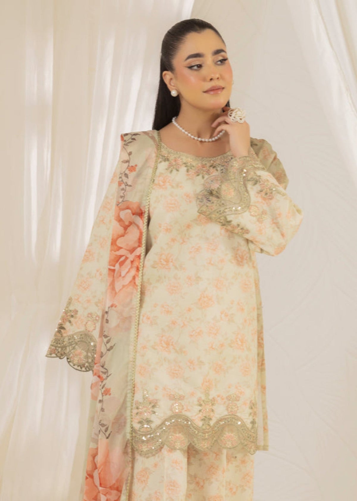 Pakistani Designer Peach Orange Silk Salwar Kameez Online in KSA Riyadh Saudi Arabia Oman Bahrain Qatar
