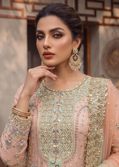Pakistani Designer Peach Organza Embroidered Suit Online in KSA Riyadh Saudi Arabia Oman Bahrain Qatar