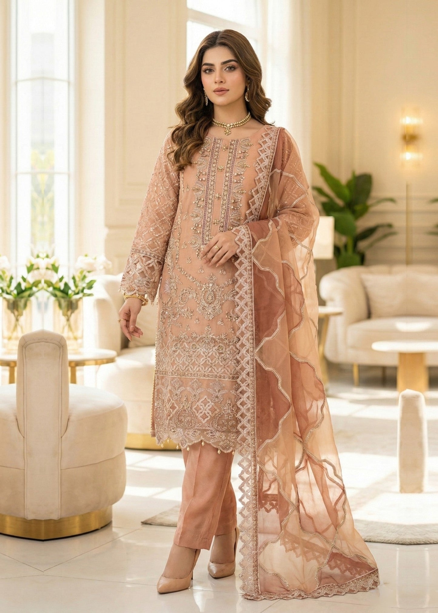 Pakistani Designer Peach Organza Salwar Kameez Online in KSA Riyadh Saudi Arabia Oman Bahrain Qatar