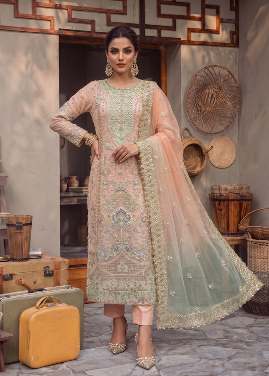 Pakistani Designer Peach Organza Salwar Kameez Online in KSA Riyadh Saudi Arabia Oman Bahrain Qatar