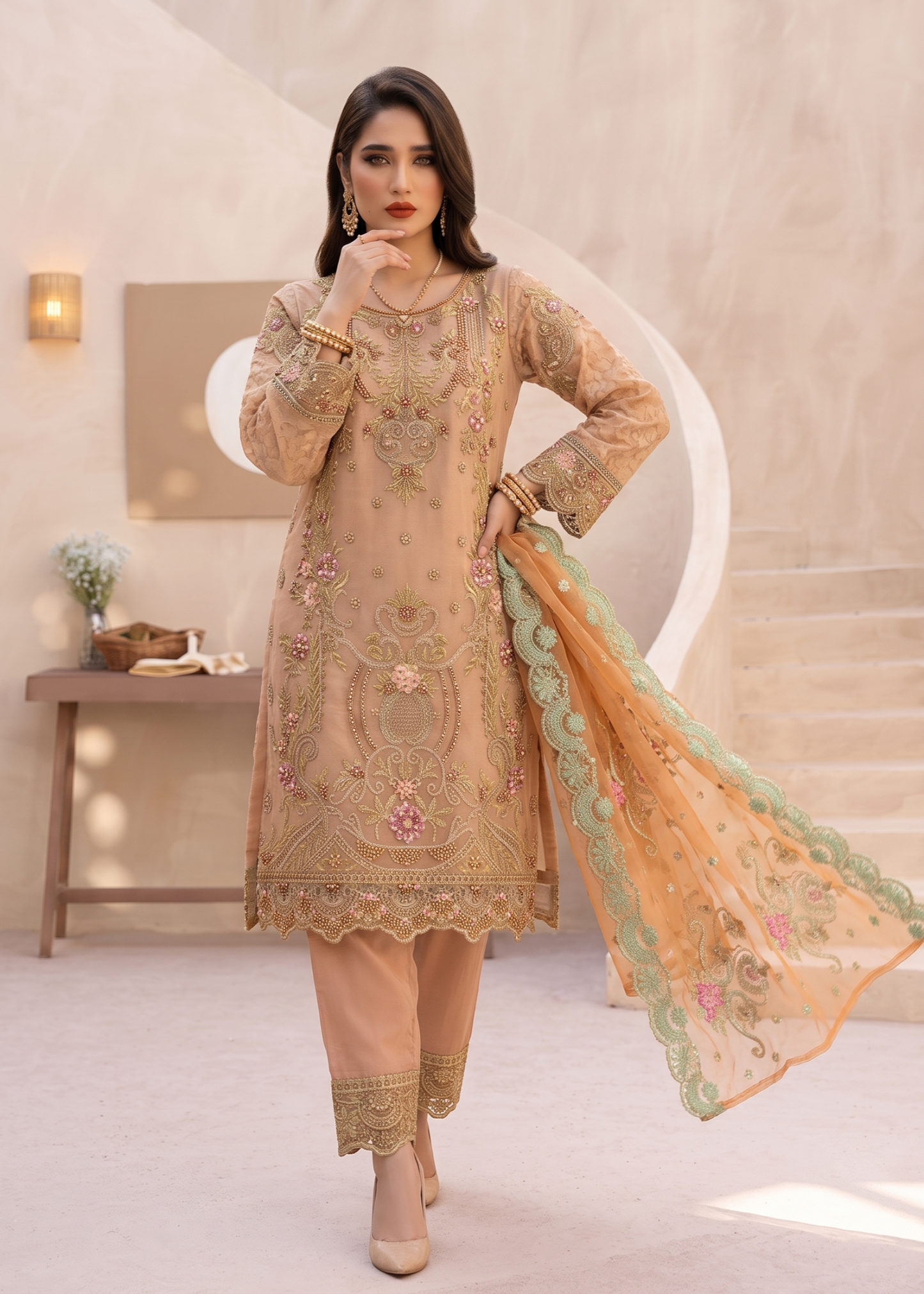 Pakistani Designer Peach Organza Salwar Kameez Online in KSA Riyadh Saudi Arabia Oman Bahrain Qatar