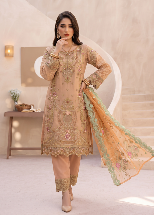 Pakistani Designer Peach Organza Salwar Kameez Online in KSA Riyadh Saudi Arabia Oman Bahrain Qatar