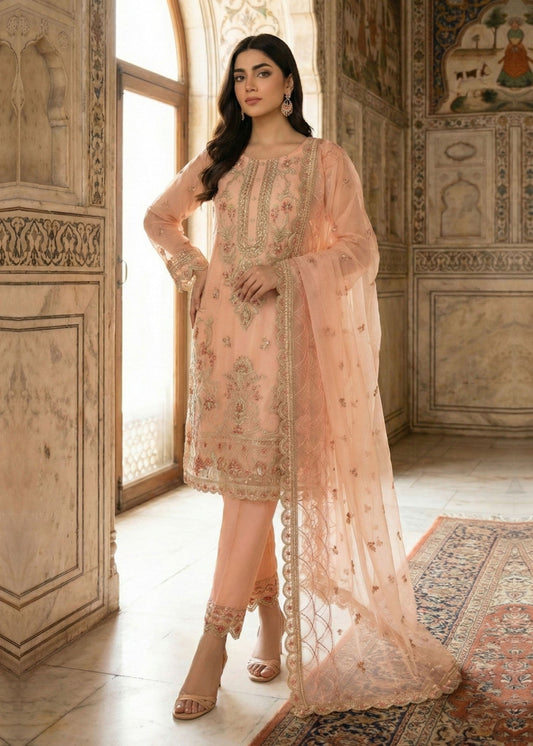Pakistani Designer Peach Organza Salwar Kameez Online in KSA Riyadh Saudi Arabia Oman Bahrain Qatar