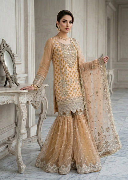 Pakistani Designer Peach Organza Salwar Kameez Online in KSA Riyadh Saudi Arabia Oman Bahrain Qatar
