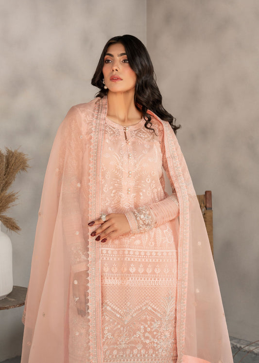 Pakistani Designer Peach Organza Salwar Kameez Online in KSA Riyadh Saudi Arabia Oman Bahrain Qatar