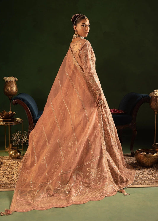 Pakistani Designer Peach Organza Salwar Kameez Online in KSA Riyadh Saudi Arabia Oman Bahrain Qatar
