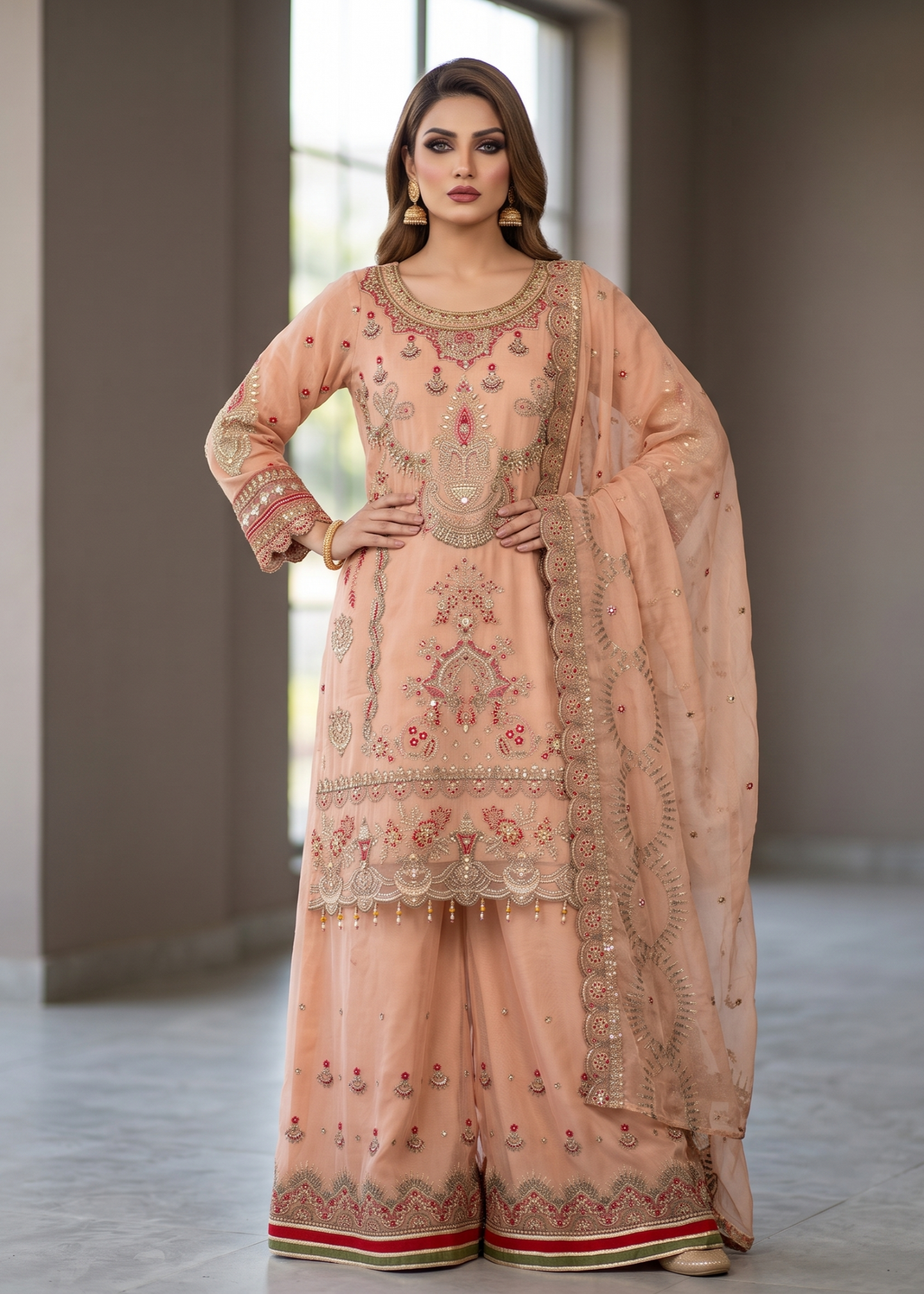 Pakistani Designer Peach Organza Salwar Kameez Online in KSA Riyadh Saudi Arabia Oman Bahrain Qatar