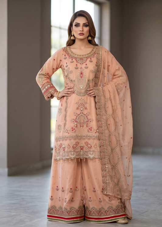 Pakistani Designer Peach Organza Salwar Kameez Online in KSA Riyadh Saudi Arabia Oman Bahrain Qatar
