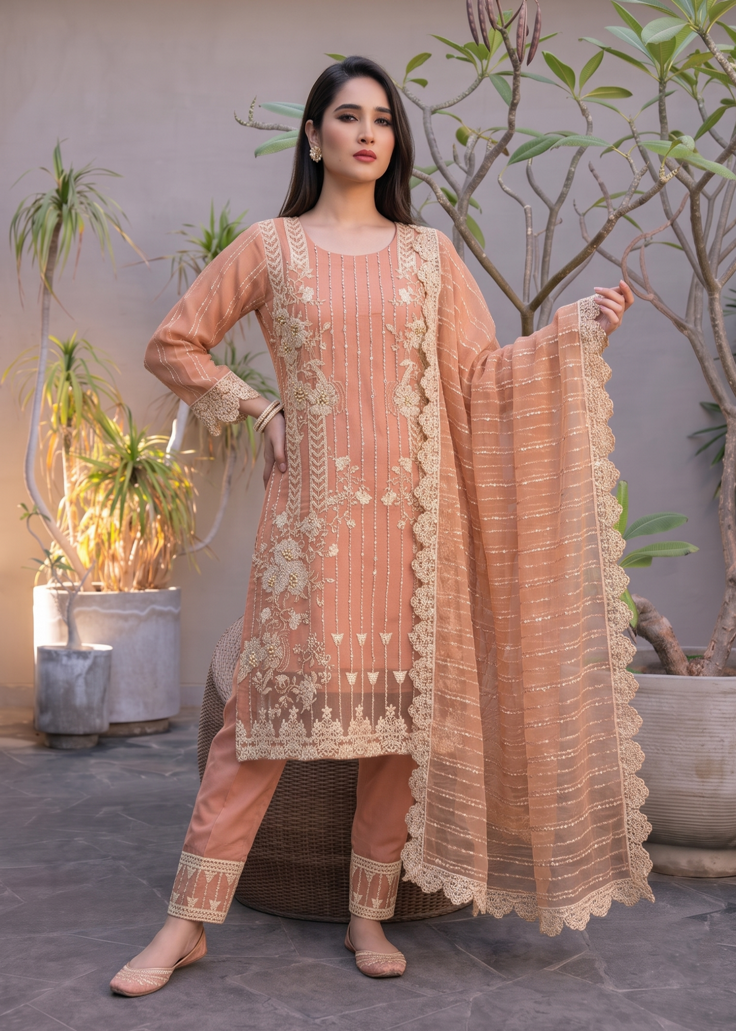 Pakistani Designer Peach Organza Salwar Suit Online in KSA Riyadh Saudi Arabia Oman Bahrain Qatar
