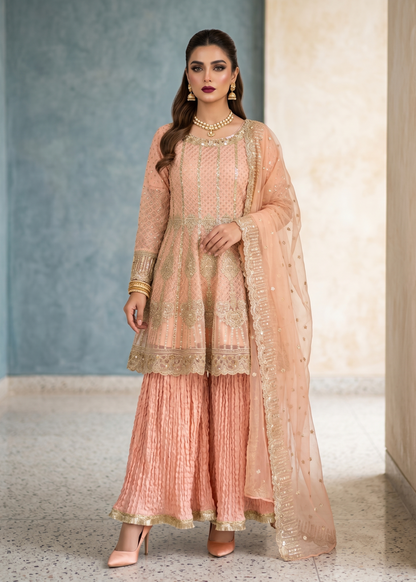 Pakistani Designer Peach Organza Sharara Gharara Online in KSA Riyadh Saudi Arabia Oman Bahrain Qatar