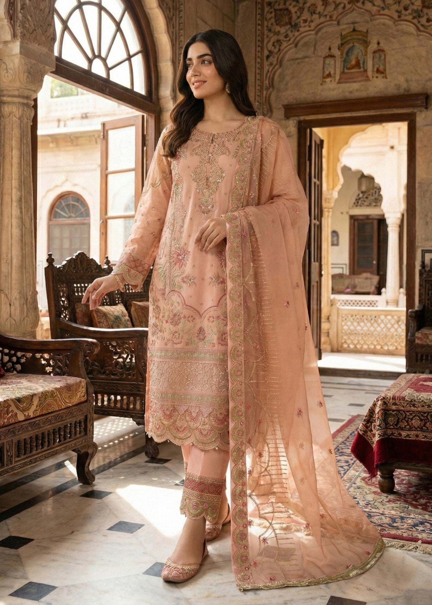 Pakistani Designer Peach Organza Suit Online in KSA Riyadh Saudi Arabia Oman Bahrain Qatar