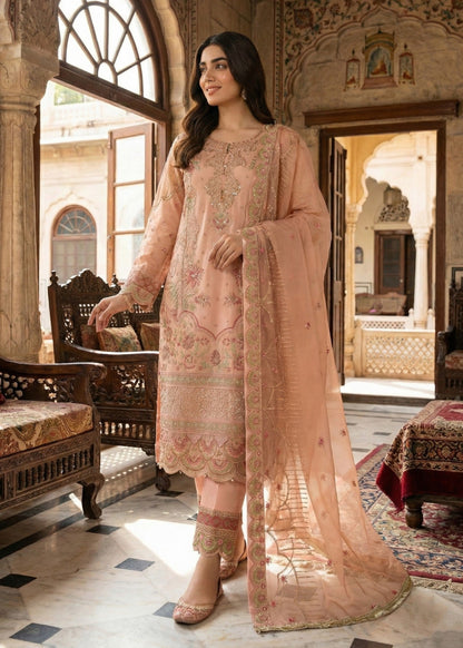 Pakistani Designer Peach Organza Suit Online in KSA Riyadh Saudi Arabia Oman Bahrain Qatar