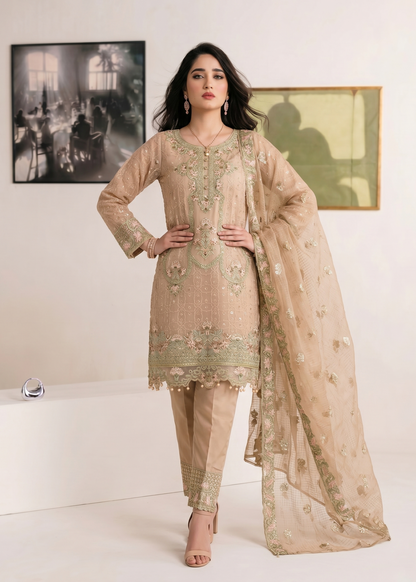 Pakistani Designer Peach Organza Suit Online in KSA Riyadh Saudi Arabia Oman Bahrain Qatar