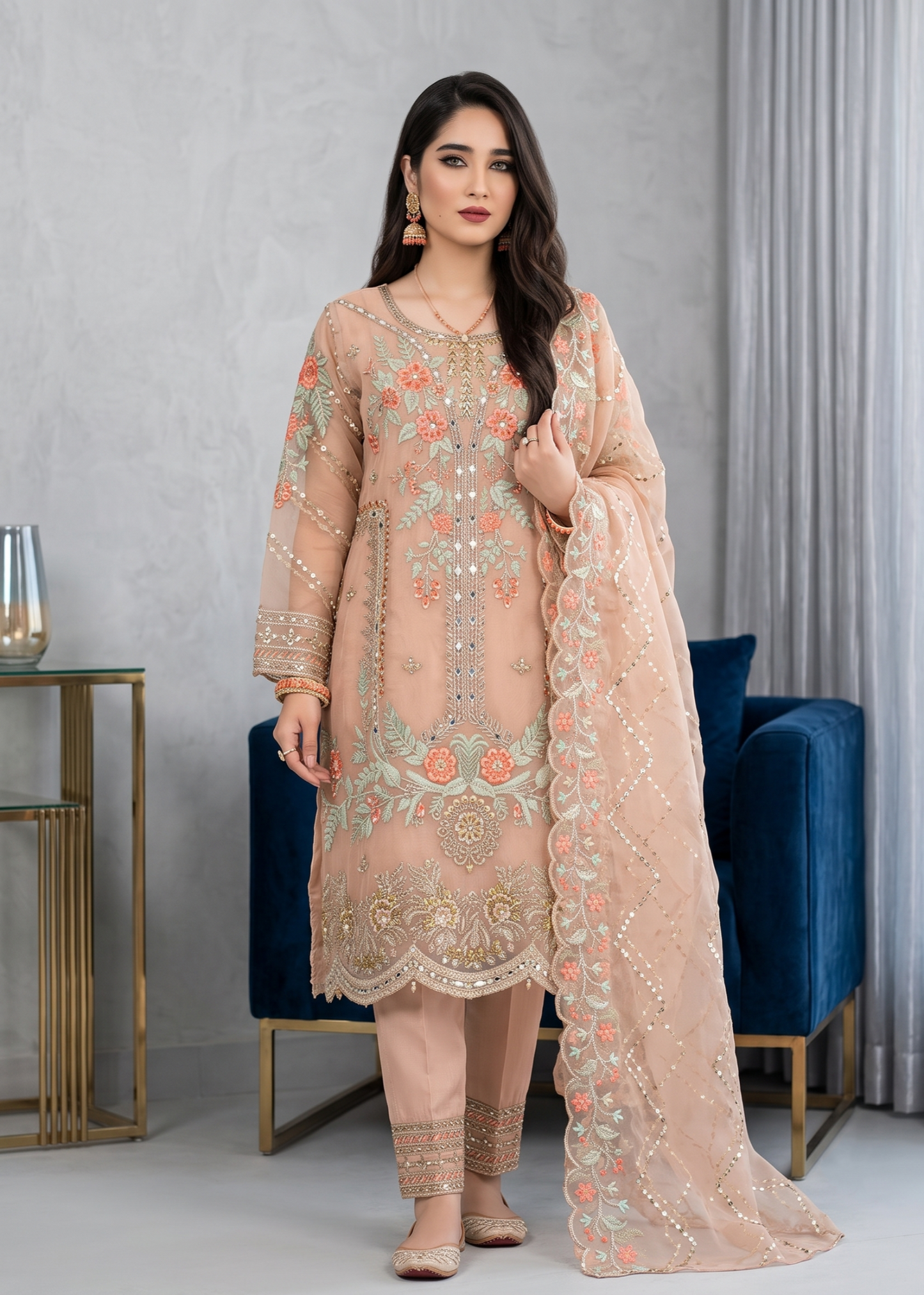 Pakistani Designer Peach Organza Suit Online in KSA Riyadh Saudi Arabia Oman Bahrain Qatar