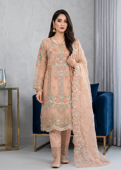 Pakistani Designer Peach Organza Suit Online in KSA Riyadh Saudi Arabia Oman Bahrain Qatar