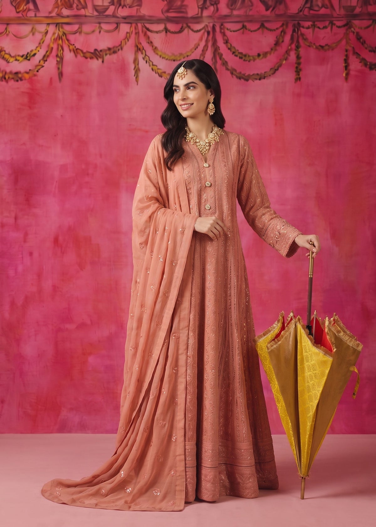 Pakistani Designer Peach Pink Chiffon Salwar Kameez Online in KSA Riyadh Saudi Arabia Oman Bahrain Qatar