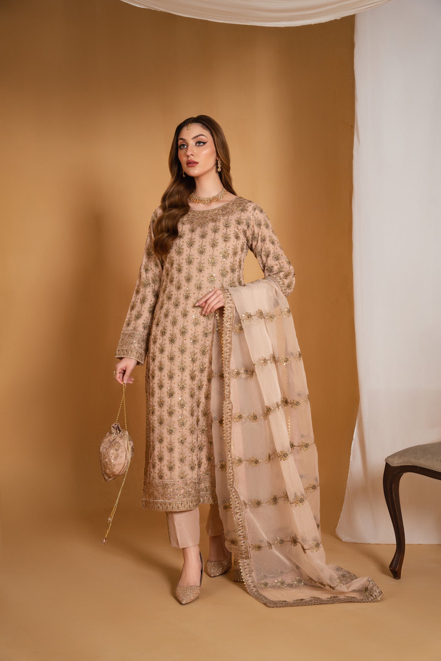 Pakistani Designer Peach Pink Chiffon Salwar Kameez Online in KSA Riyadh Saudi Arabia Oman Bahrain Qatar