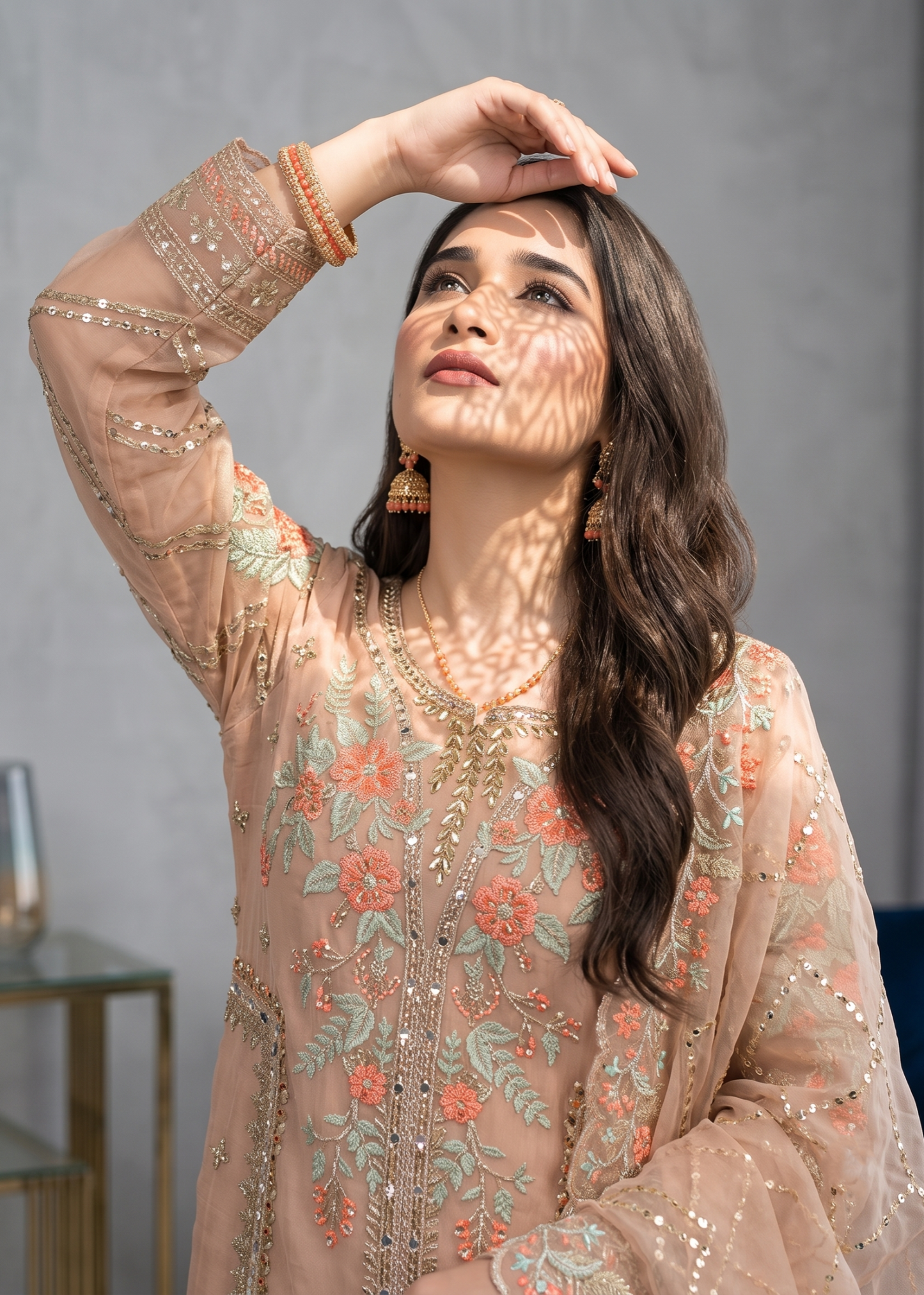 Pakistani Designer Peach Pink Embroidered Suit Online in Dubai UAE Abudhabi Ajman Sharjah