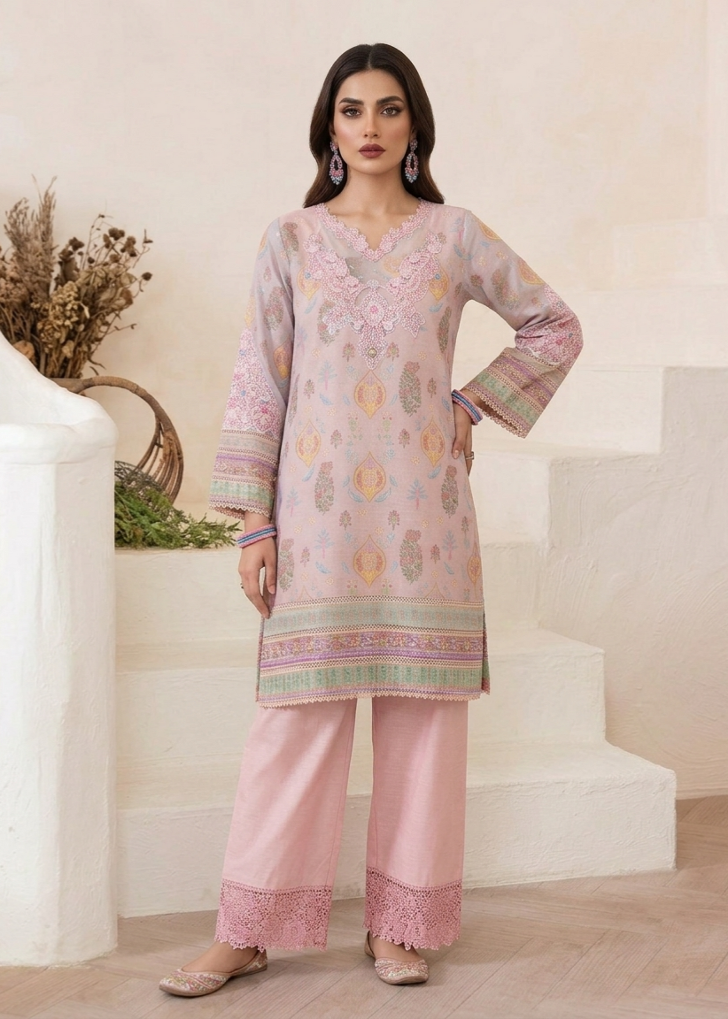 Pakistani Designer Peach Pink Farshi Shalwar Suit Online in KSA Riyadh Saudi Arabia Oman Bahrain Qatar