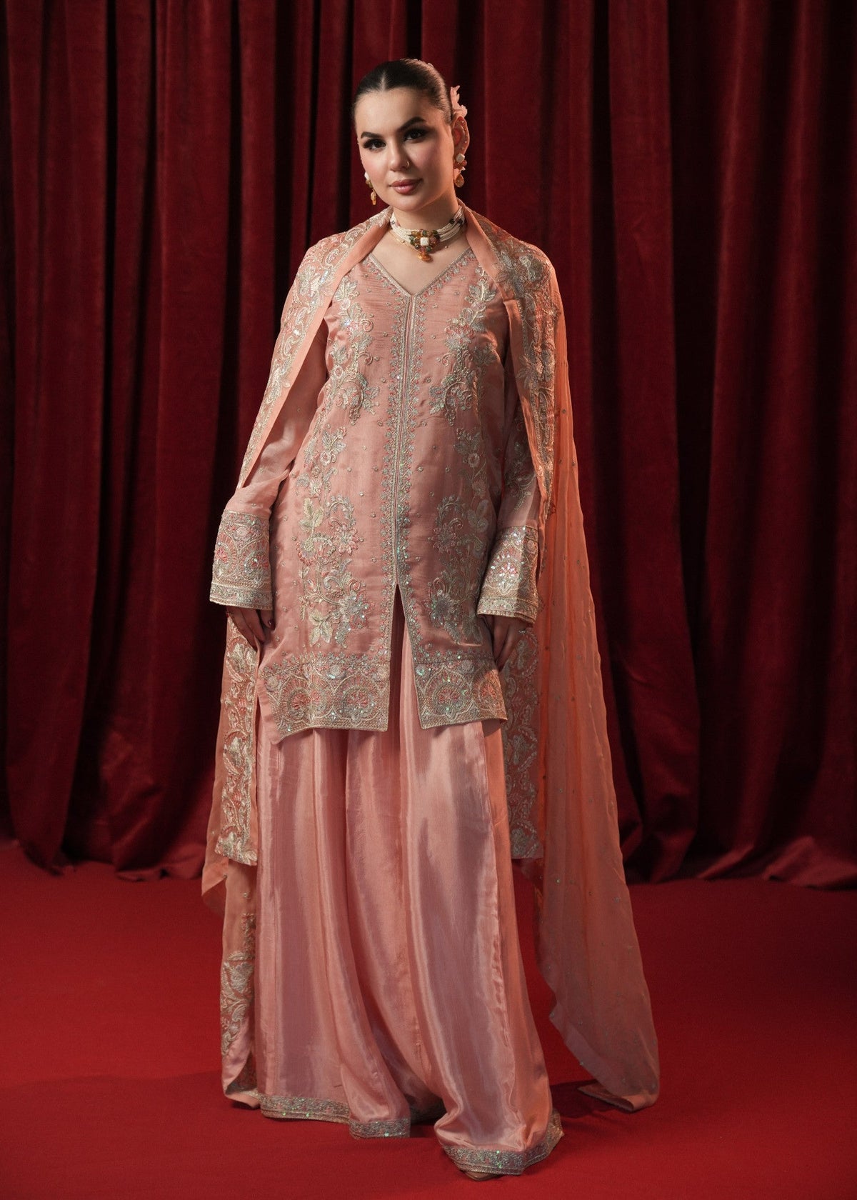 Pakistani Designer Peach Pink Georgette Chiffon Salwar Kameez Online in KSA Riyadh Saudi Arabia Oman Bahrain Qatar
