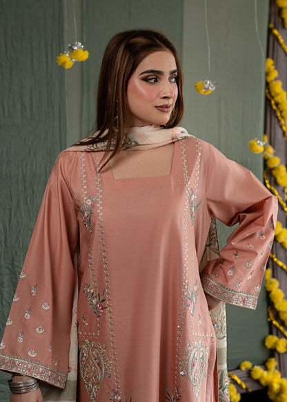 Pakistani Designer Peach Pink Lawn Salwar Kameez Online in Dubai UAE Abudhabi Ajman Sharjah