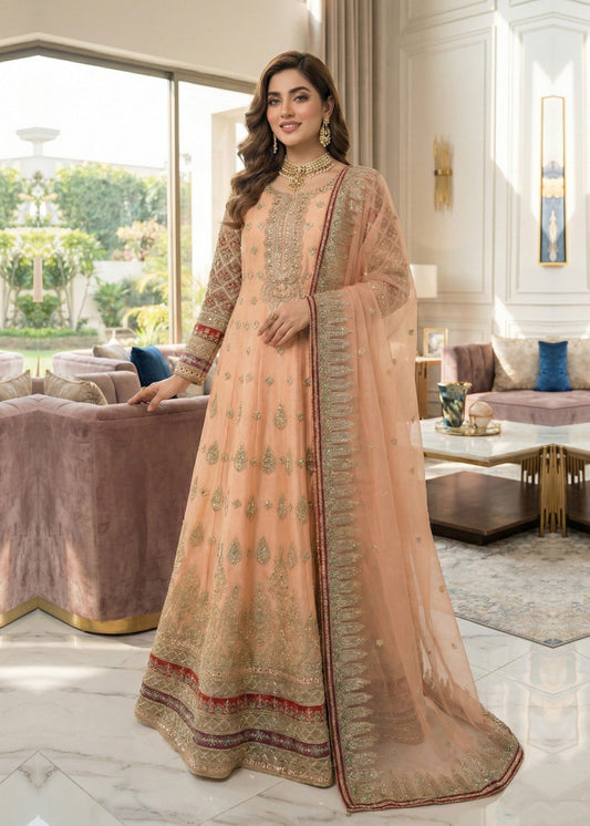 Pakistani Designer Peach Pink Organza Salwar Kameez Online in KSA Riyadh Saudi Arabia Oman Bahrain Qatar