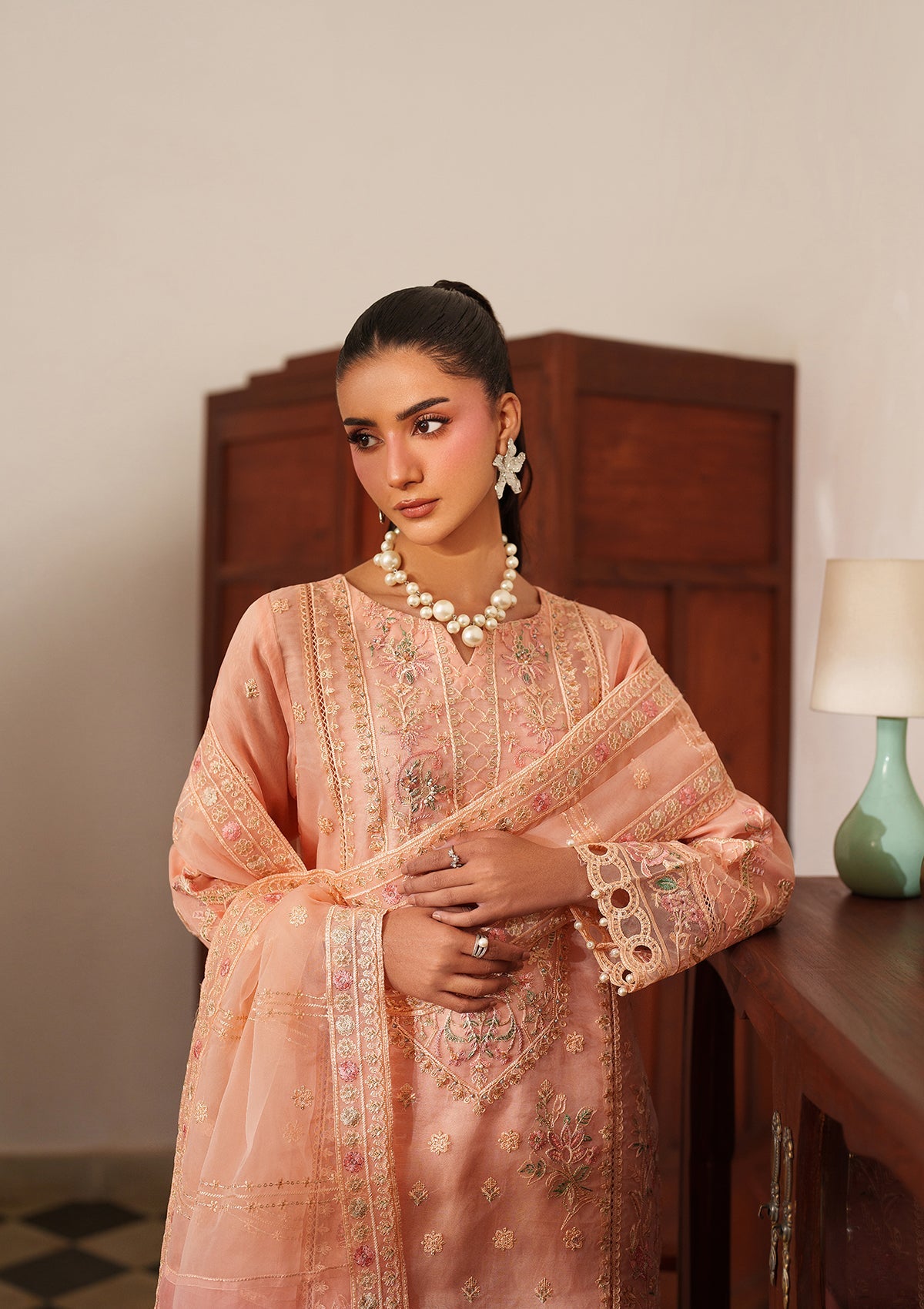 Pakistani Designer Peach Pink Organza Salwar Suit Online in KSA Riyadh Saudi Arabia Oman Bahrain Qatar