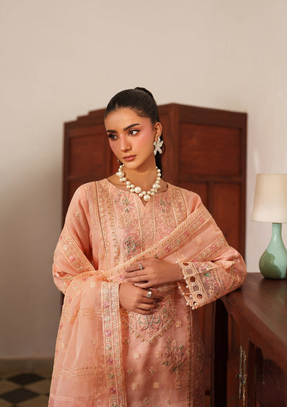 Pakistani Designer Peach Pink Organza Salwar Suit Online in KSA Riyadh Saudi Arabia Oman Bahrain Qatar