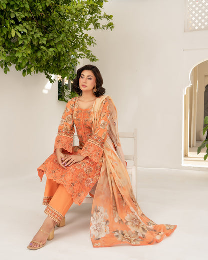 Pakistani Designer Peach Printed Lawn Suit Online in UK USA Canada